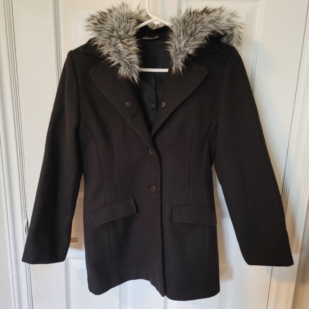 Junior Girl Black Wool Coat With Detachable Fur Collar Youth L Junior High Schoo